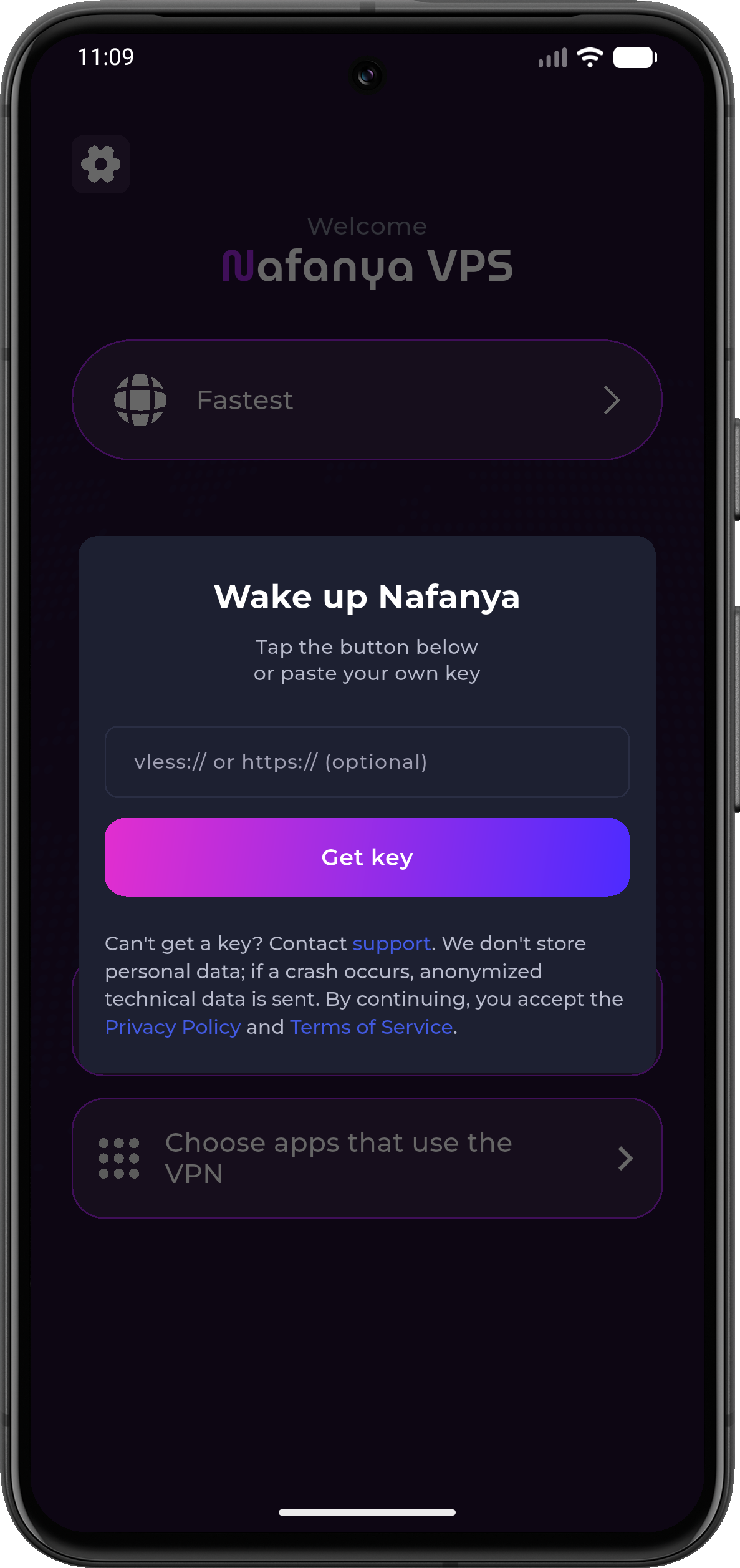 Главный экран приложения Nafanya VPS на Android